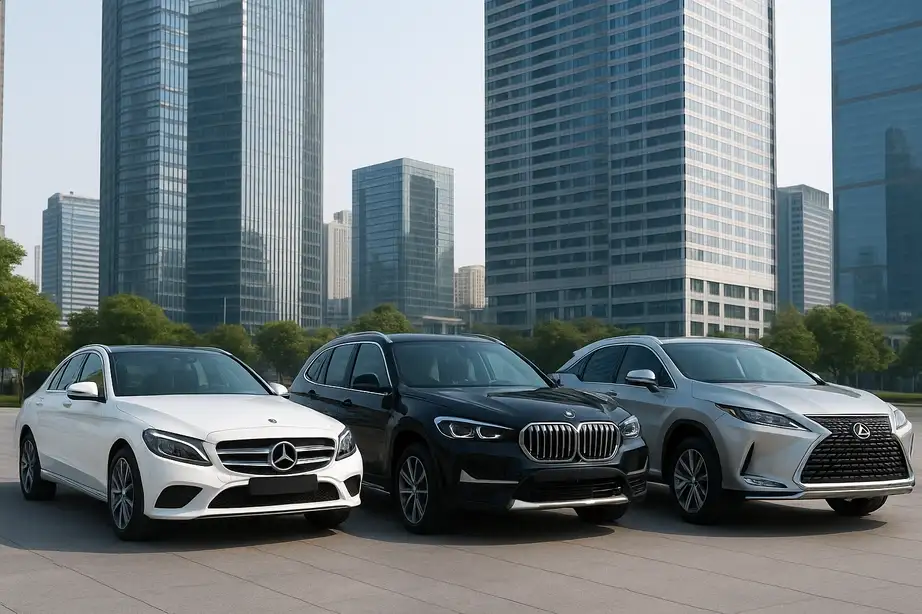 نمایی از سه خودروی خارجی لوکس شامل مرسدس بنز سفید، بی‌ام‌و مشکی و لکسوس نقره‌ای که کنار هم در یک فضای شهری مدرن با آسمان‌خراش‌های شیشه‌ای و نور طبیعی روز پارک شده‌اند.