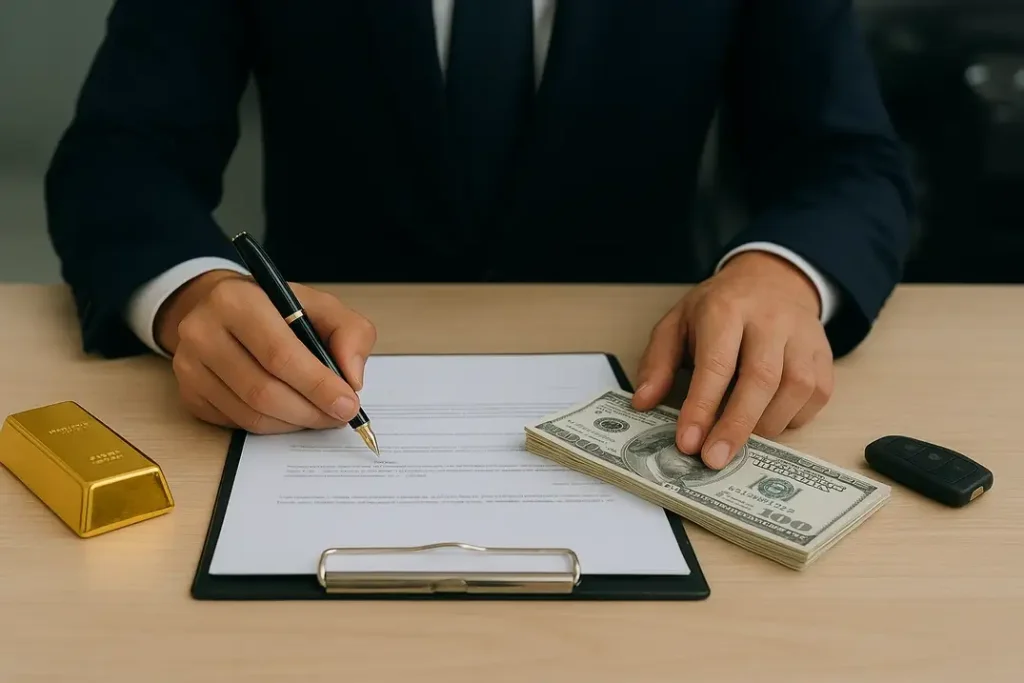 مردی در حال امضای قرارداد مالی، در کنار اسکناس‌های دلار، یک شمش طلا و سوییچ خودرو روی میز چوبی؛ نماد دریافت وام فوری بدون ضامن