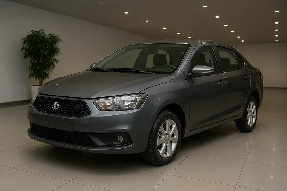 یک خودرو سواری ایرانی نو به رنگ خاکستری در نمایشگاه مدرن، روی زمین براق و زیر نورپردازی سقفی