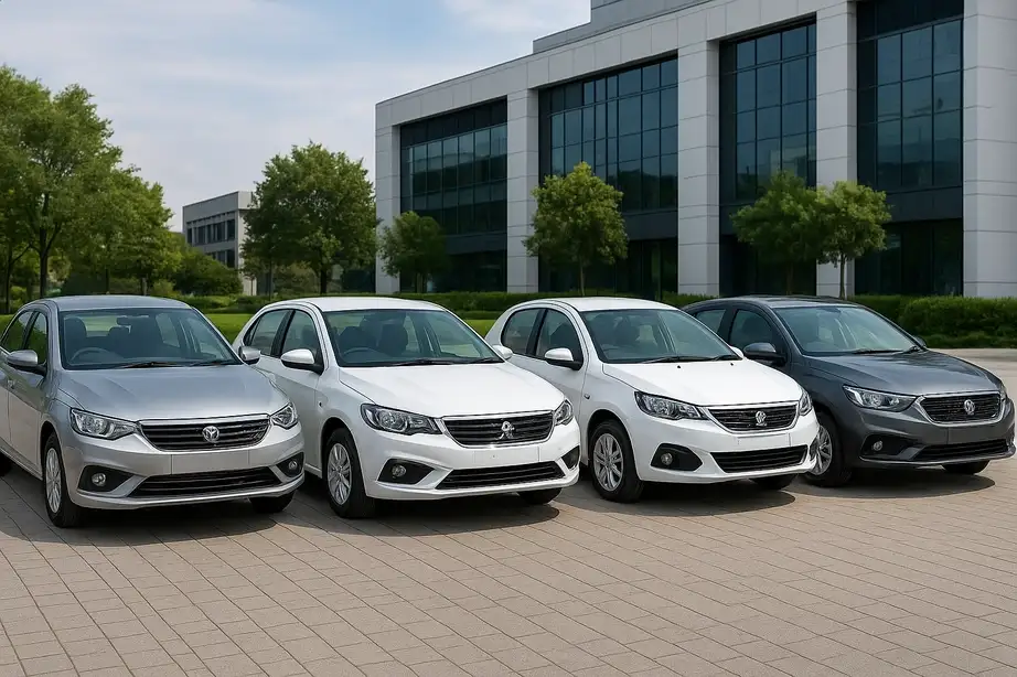 چهار خودرو سواری ایرانی صفر کیلومتر در فضای باز، کنار هم چیده شده‌اند مقابل ساختمان مدرن با شیشه‌های بزرگ و درختان سبز.