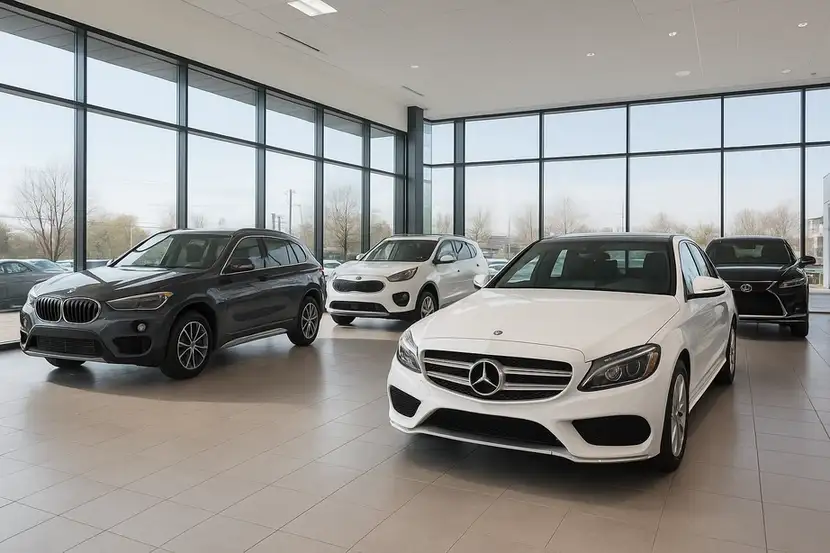 نمایی از نمایشگاه خودروی مدرن با پنجره‌های شیشه‌ای بزرگ و کفپوش براق، شامل چهار خودروی خارجی صفر: BMW، مرسدس بنز سفید، کیا سفید و لکسوس مشکی، در نور طبیعی روز.