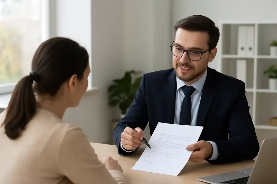 نمایی از یک مشاور مالی و مشتری روبه‌روی هم با لپ‌تاپ یا مدارک باز روی میز، در فضای رسمی یا دفتر وام.